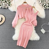 Women's Two Piece Dress Casual Elegant V Neck Round Neck Long Sleeve Solid Color Midi Dress Daily Street main image 1
