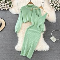 Women's Two Piece Dress Casual Elegant V Neck Round Neck Long Sleeve Solid Color Midi Dress Daily Street main image 4