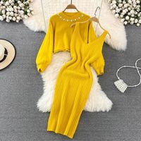 Women's Two Piece Dress Casual Elegant V Neck Round Neck Long Sleeve Solid Color Midi Dress Daily Street main image 3