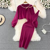 Women's Two Piece Dress Casual Elegant V Neck Round Neck Long Sleeve Solid Color Midi Dress Daily Street main image 5