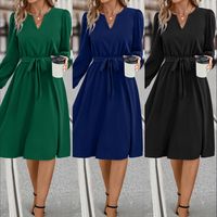 Women's Swing Dress Casual V Neck Long Sleeve Solid Color Midi Dress Daily Street main image 6
