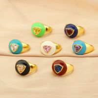 Casual Streetwear Triangle Square Heart Shape Copper Enamel Plating Inlay Zircon 18k Gold Plated Open Rings main image 7