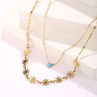 Stainless Steel Hip-Hop Cool Style Plating Inlay Flower Turquoise Double Layer Necklaces main image 4