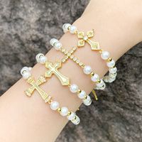 Ig Style Fashion Cross Baroque Pearls Copper Beaded Plating Inlay Zircon 18k Gold Plated Women's Bracelets main image 1