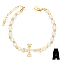 Ig Style Fashion Cross Baroque Pearls Copper Beaded Plating Inlay Zircon 18k Gold Plated Women's Bracelets main image 4