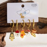 1 Set Sweet Christmas Tree Santa Claus Snowman Enamel Hollow Out Stainless Steel 14k Gold Plated Drop Earrings main image 3