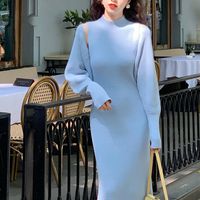 Women's Sweater Dress Casual Elegant High Neck Long Sleeve Solid Color Midi Dress Daily Street main image 3