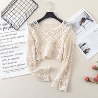 Women's Eyelet Top Long Sleeve Sweaters & Cardigans Hollow Out Casual Solid Color main image 5