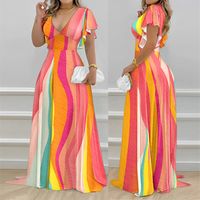 Femmes Robe Trapèze Mode Col En V Impression Manche Courte Coloré Maxi Longue Robe Fête Date main image 1