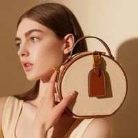 Women's Small Leather Color Block Vintage Style Classic Style Cylindrical Zipper Shoulder Bag Circle Bag Crossbody Bag sku image 2