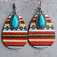1 Pair Retro Water Droplets Inlay Wood Turquoise Drop Earrings main image 1