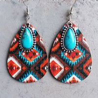 1 Pair Retro Water Droplets Inlay Wood Turquoise Drop Earrings main image 4