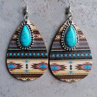 1 Pair Retro Water Droplets Inlay Wood Turquoise Drop Earrings main image 3