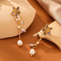 1 Pair Simple Style British Style Pentagram Flower Inlay Copper Crystal Freshwater Pearl Drop Earrings main image 8