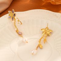 1 Pair Simple Style British Style Pentagram Flower Inlay Copper Crystal Freshwater Pearl Drop Earrings main image 6