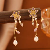 1 Pair Simple Style British Style Pentagram Flower Inlay Copper Crystal Freshwater Pearl Drop Earrings main image 9