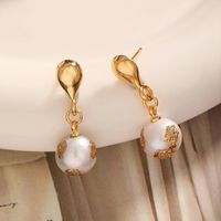 1 Pair Simple Style Round Plating Freshwater Pearl 18k Gold Plated Drop Earrings main image 3