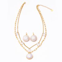 304 Stainless Steel 18K Gold Plated Lady Plating Inlay Round Heart Shape Artificial Pearls Glass Stone Earrings Necklace main image 3