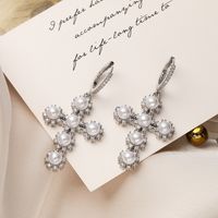 1 Pair Simple Style Commute Cross Plating Inlay Copper Artificial Pearls Zircon 18k Gold Plated Drop Earrings main image 4