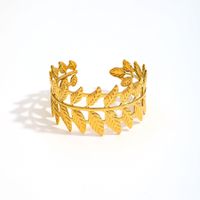 Vintage Style Leaves Flower Butterfly Stainless Steel Asymmetrical 16k Gold Plated Bangle sku image 1