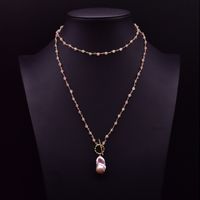 Retro Shell Copper Plating Inlay Pearl 18k Gold Plated Pendant Necklace sku image 13
