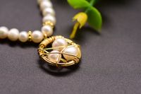Retro Round Freshwater Pearl Copper Inlay Pearl 18k Gold Plated Pendant Necklace main image 4