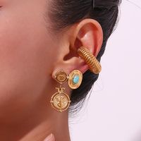 1 Pair Vintage Style Oval Plating Inlay Stainless Steel Turquoise 18k Gold Plated Ear Studs main image 2