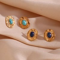 1 Pair Vintage Style Oval Plating Inlay Stainless Steel Turquoise 18k Gold Plated Ear Studs main image 4