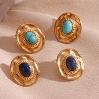 1 Pair Vintage Style Oval Plating Inlay Stainless Steel Turquoise 18k Gold Plated Ear Studs main image 1