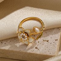 Elegant Lady Flower Copper Painted Plating Inlay Artificial Pearls Artificial Diamond 18k Gold Plated Open Rings main image 5