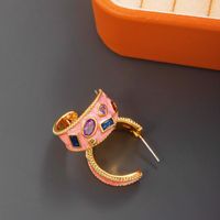 1 Pair Retro Color Block Enamel Plating Inlay Copper Glass Hoop Earrings main image 2