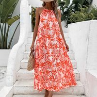 Women's Regular Dress Casual Elegant Romantic Halter Neck Printing Sleeveless Leaf Maxi Long Dress Holiday Daily Street main image 2