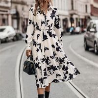 Frau Normales Kleid Elegant Vintage-stil Ablehnen Hemdkragen Taste Lange Ärmel Drucken Midi-kleid Lässig Täglich Straße main image 1