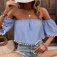 Ruffled Elegant Boat-neck Off-the-shoulder Strap Fur Ball Tassel Design Women's Elegant Striped Shirt sku image 4