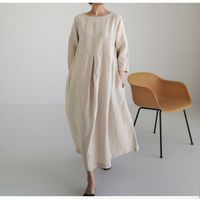 High Quality Spot 2023 Autumn New Loose Large Size Dress Japanese Korean Style Cotton Linen Round-neck Dress main image 4
