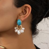 1 Pair Vintage Style Ethnic Style Round Inlay Alloy Artificial Gemstones Turquoise Drop Earrings main image 1