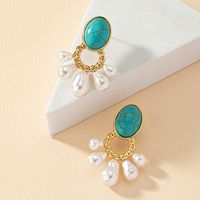 1 Pair Vintage Style Ethnic Style Round Inlay Alloy Artificial Gemstones Turquoise Drop Earrings main image 5