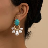 1 Pair Vintage Style Ethnic Style Round Inlay Alloy Artificial Gemstones Turquoise Drop Earrings main image 6
