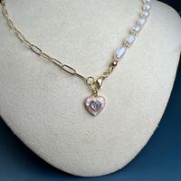 Simple Style Heart Shape Freshwater Pearl Shell Copper Plating Inlay Zircon 18k Gold Plated Women's Pendant Necklace sku image 2