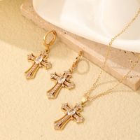 304 Stainless Steel Copper K Gold Plated Vintage Style Simple Style Plating Inlay Cross Zircon Earrings Necklace main image 1