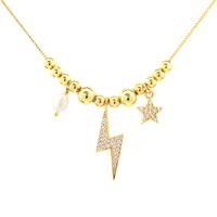 Retro Simple Style Pentagram Lightning Freshwater Pearl Copper Beaded Plating Inlay Zircon 18k Gold Plated Pendant Necklace main image 2