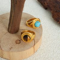 Vintage Style Luxurious Geometric Tiger Eye Titanium Steel Plating Inlay Artificial Gemstones Turquoise 18k Gold Plated Women's Rings main image 2