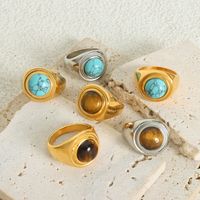 Vintage Style Luxurious Geometric Tiger Eye Titanium Steel Plating Inlay Artificial Gemstones Turquoise 18k Gold Plated Women's Rings main image 1