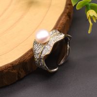 Elegant Vintage Style Leaf Sterling Silver Plating Inlay Freshwater Pearl 18k Gold Plated Open Rings main image 1