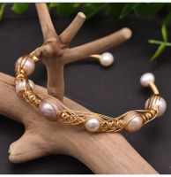 Wholesale Retro Flower Copper Plating Inlay 18K Gold Plated Pearl Bangle main image 3