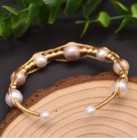 Wholesale Retro Flower Copper Plating Inlay 18K Gold Plated Pearl Bangle main image 2