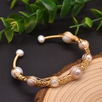 Wholesale Retro Flower Copper Plating Inlay 18K Gold Plated Pearl Bangle sku image 10