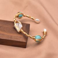 Wholesale Retro Flower Copper Plating Inlay 18K Gold Plated Pearl Bangle sku image 5