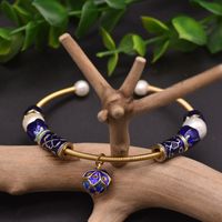 Wholesale Retro Flower Copper Plating Inlay 18K Gold Plated Pearl Bangle sku image 7