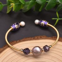 Wholesale Retro Flower Copper Plating Inlay 18K Gold Plated Pearl Bangle sku image 3
